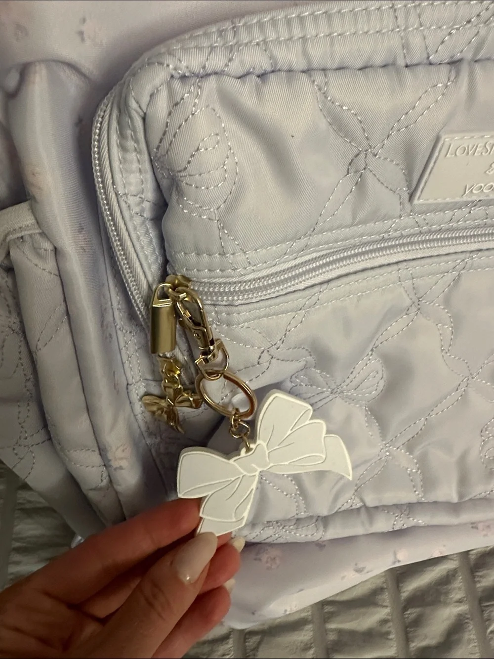 LoveShackFancy Lavender Quilted Floral Backpack with Bow Charm